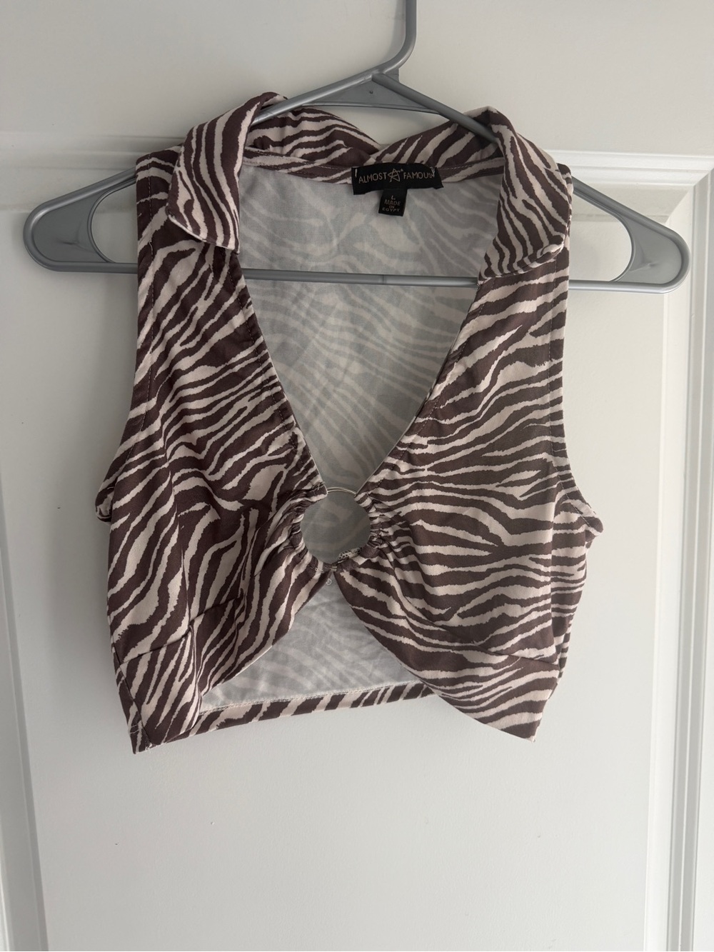 Almost Famous Brown and Cream Zebra Crop Top with Ring Accent